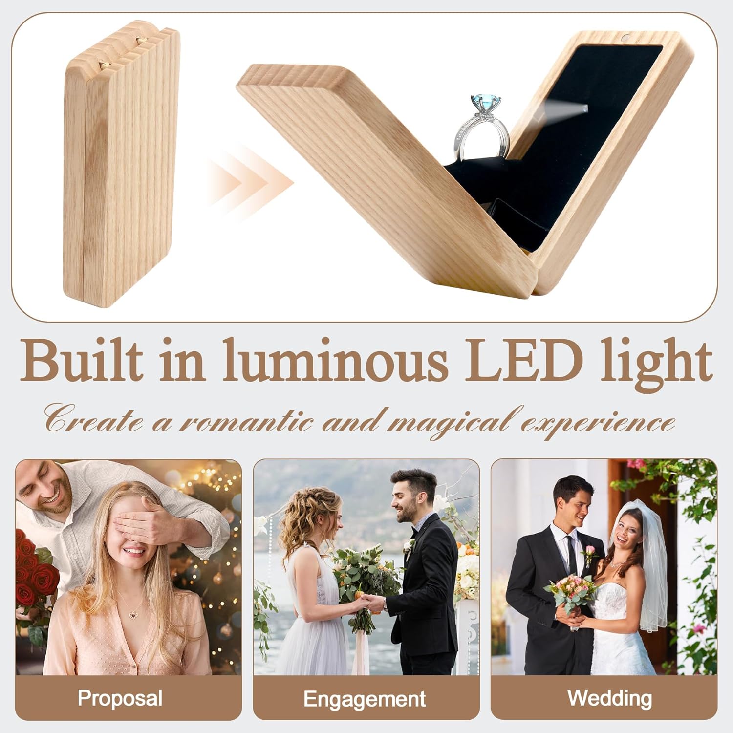 Wooden Engagement Ring Box For Proposal Jewelry Gift Box Wood Rotating Wedding Day Ring Box With Led Light Gift Packaging(Ash Wood) - Image 5