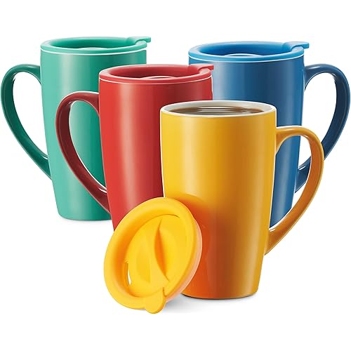 Godinger Insulated Mug Set with Lids - 16oz, Set of 4, Hot Beverage Cups for Coffee, Tea On The Go