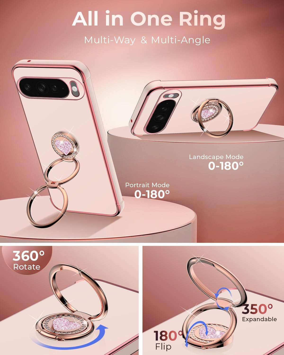 XYZ for Google Pixel 10 Case with Stand, Phone Case with Double Ring Kickstand, Women Girls Cute Love-Heart Luxury Bling Protective Cover for Google 10, Pink image 3