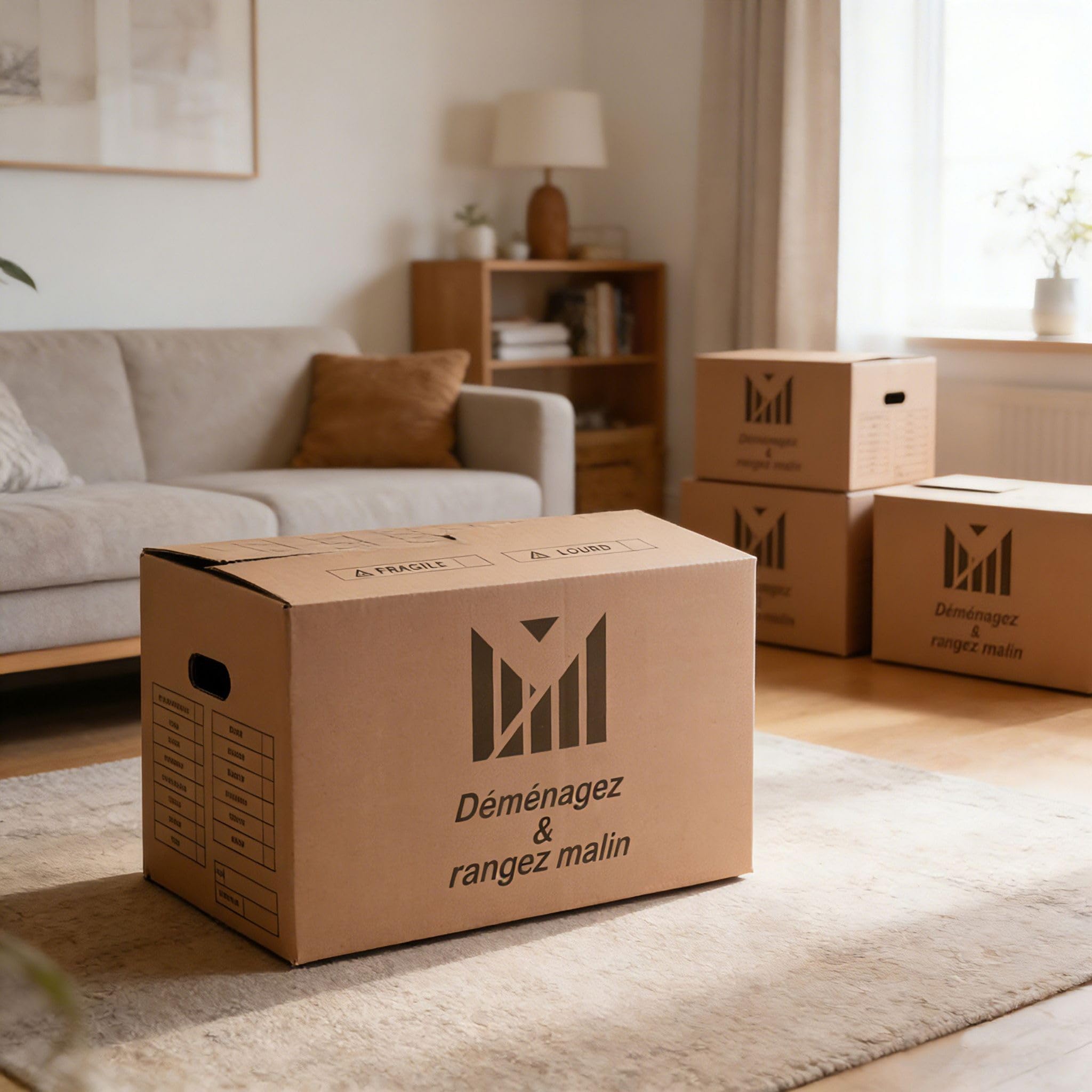 Kit Déménagement T2 – 30 cartons 50x30x30 cm, rouleau adhésif 68m, tapis de calage. Écoresponsable, économique et prêt à l’emploi !