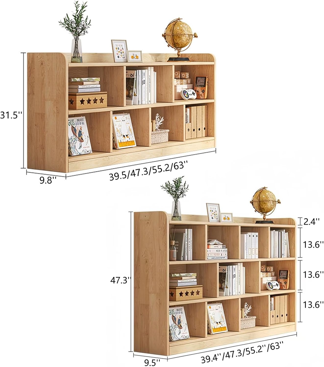 Wooden Toy Bookshelf, Kids Toy Storage Organizer, Open Cube Shelf for Study School Classroom Playroom B 47.3×9.5×31.5"