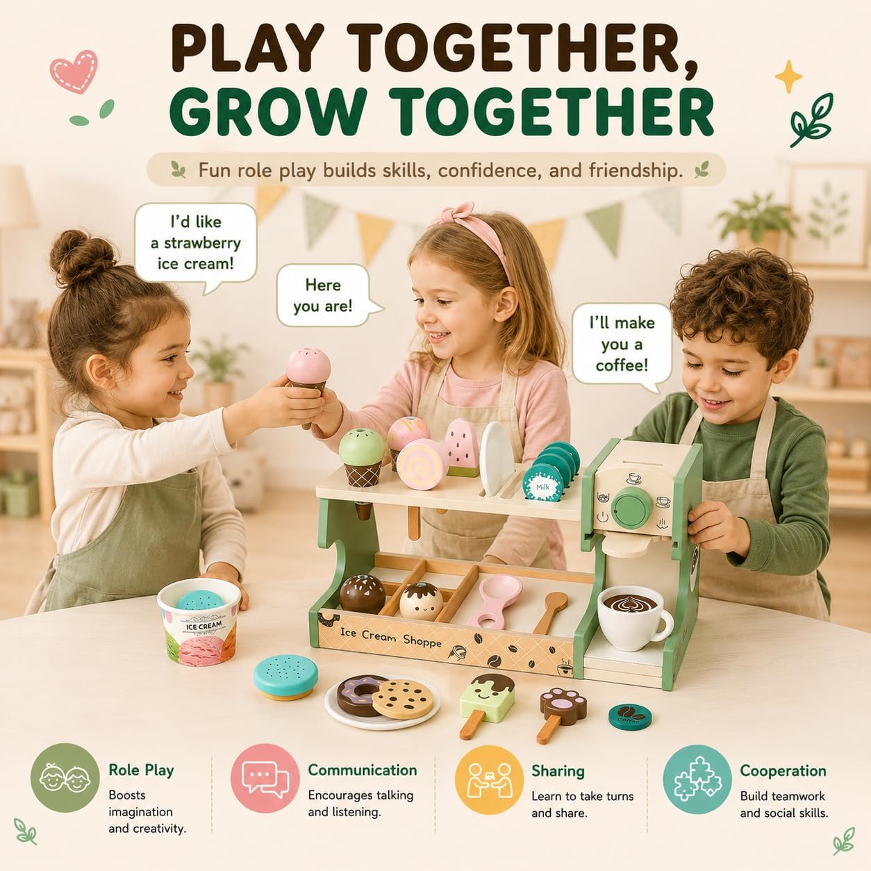 Wooden Ice Cream Shop & Kids Coffee Maker Playset - 24PCS Pretend Play Food Counter Toy with Reusable Menu & Espresso Bar Barista Kit - Montessori Gift for Toddlers Boys Girls Ages 3 4 5 6 7 8 image 3