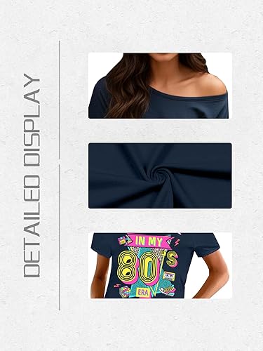 Miniatura 5 de Traje de los años 80 para mujer, camisas de neón de los años 90, camisetas con hombros descubiertos para mujer, camisetas vintage de la era