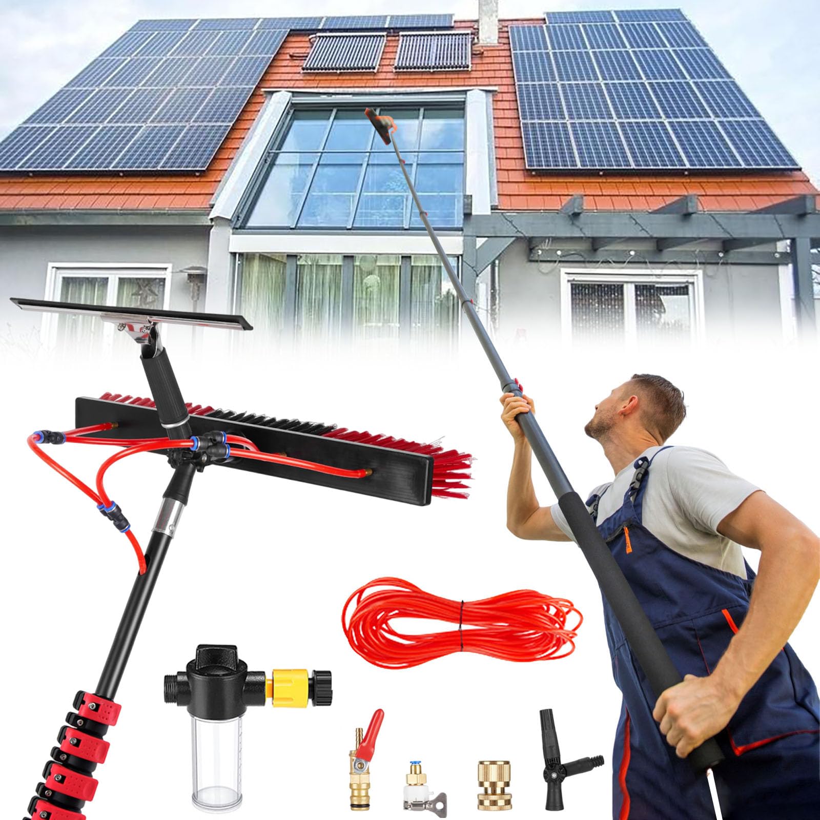 LMMIAOZ Solar Panel Cleaning Brush and Pole, 3.6-10.8 m, Window Cleaning Brush W/Soap Dispenser & Squeegee, Window Cleaning Kit,Water Fed Telescopic Brush for Cleaning Roof (55cm