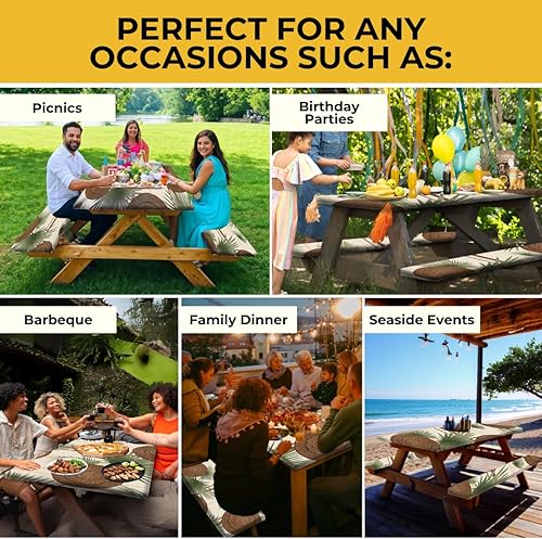 Miniatura 14 de RNOONY Funda de mesa de picnic de poliéster de 8 pies con fundas de banco, resistente al viento y al agua, perfecto para regalos de campamento