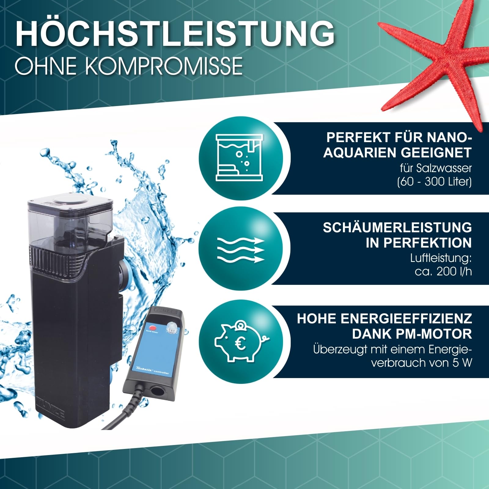 Tunze Comline DOC Skimmer 9004 DC I Oberflächenabsaugung für Aquarien mit 60-300 L I energieeffizienter Eiweißabschäumer mit Magnethalterung