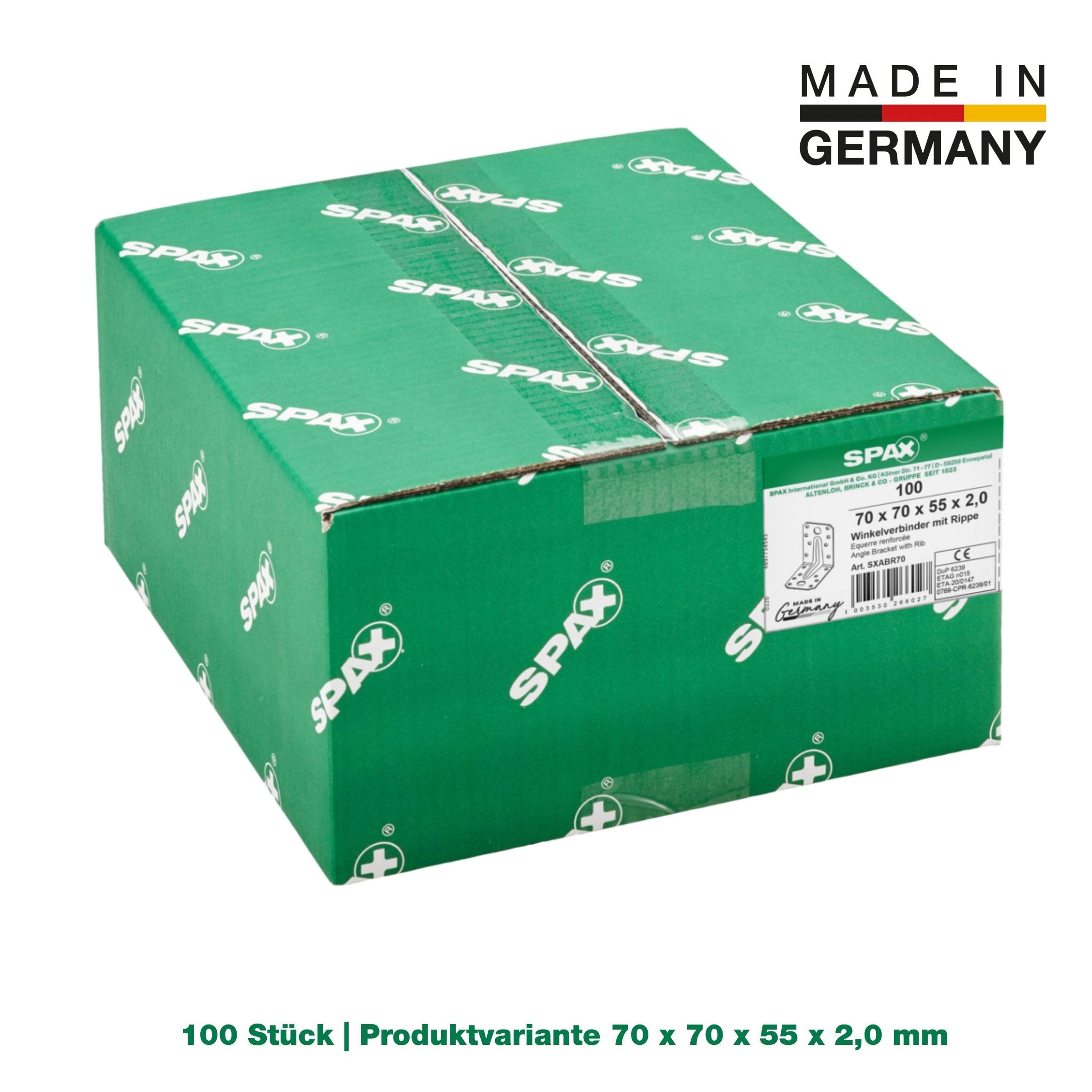 SPAX Winkelverbinder mit Rippe 70x70x55 mm, 2 mm Blechstärke, 100 Stk. - Feuerverzinkter Stahlverbinder Holz an Holz, Beton & Stahl Verbindungen - Made in Germany, SXABR70