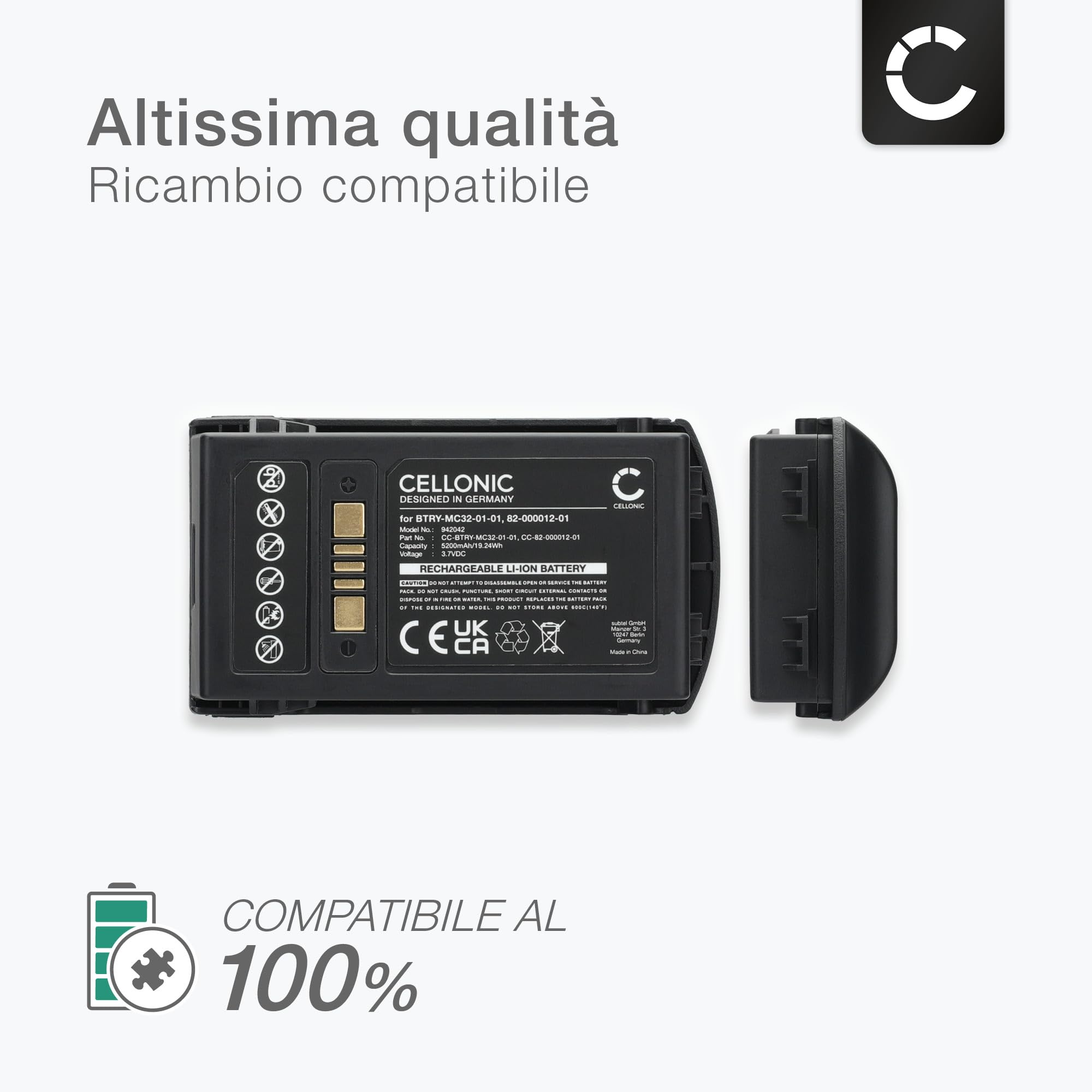 CELLONIC 1x Batteria per Scanner per codici a barra Compatibile con Zebra MC3300, MC3200, MC32N0, BTRY-MC33-52MA-01 – (5200mAh, 3.7V)