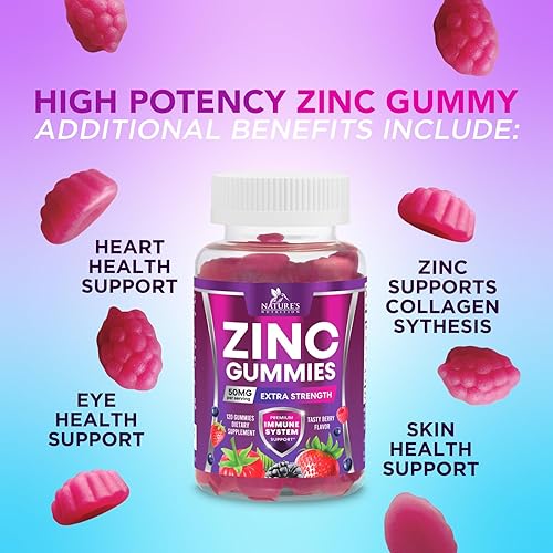 Miniatura 6 de Gomitas de zinc de 50 mg  Piel ósea y apoyo inmunológico, gomitas de salud y antioxidantes masticables de alta calidad, veganas de alta absorción,