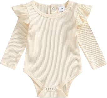 Mubineo Infant Baby Girl Basic Plain Rib Knit Ruffle Long Sleeve Romper Bodysuit Tops