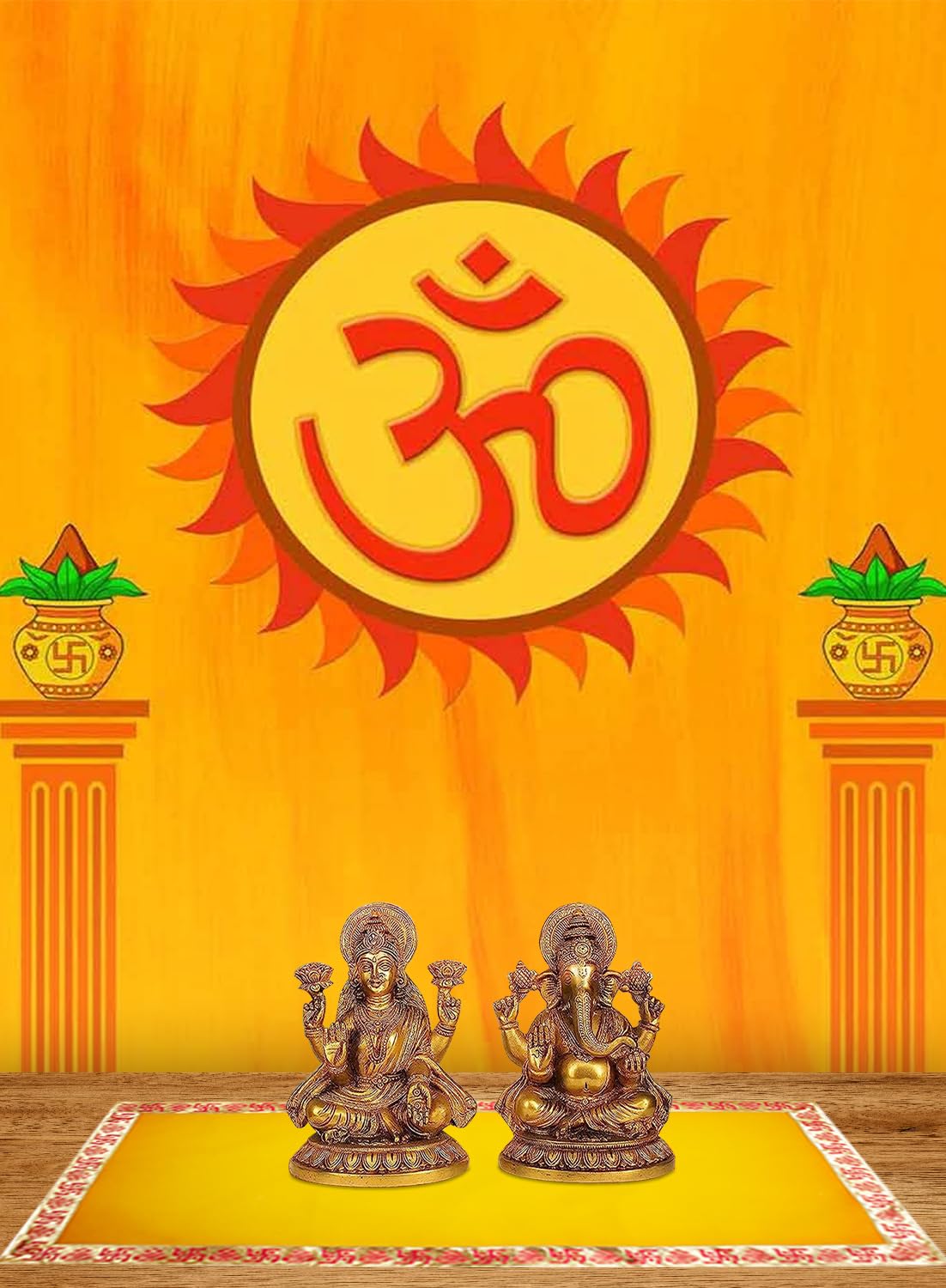 DLC Set of 2 Yellow Velvet Altar Cloth with Swastik Border, Large Size Ganpati Baithak Pooja Aasan Cloth for God, Puja Chowki Cover Kapda for Home Mandir, Temple by Dulhan Size 15 x 30 inches 3