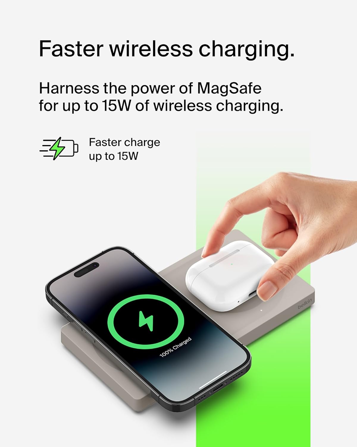 Belkin BoostCharge Pro 2-in-1 Wireless Charging Pad charging an iPhone via MagSafe and AirPods on the secondary Qi pad.