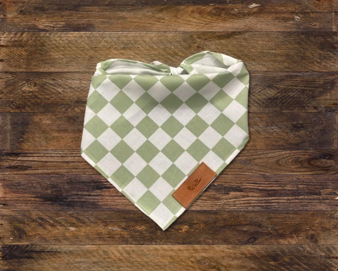 Personalized Dog Bandana, Sage and White Checkers, Stitched Leather Name Tag, Traditional Tie Back Design