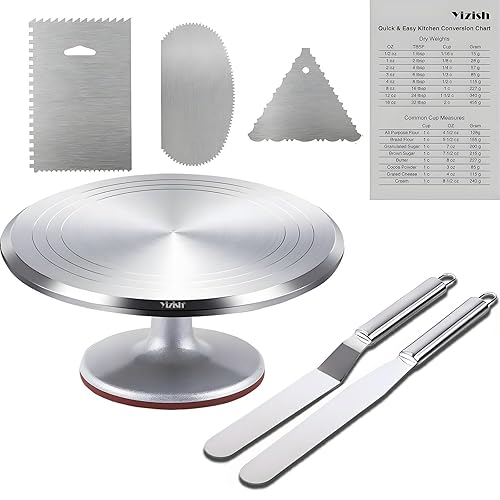 Cake Turntable Aluminum Alloy, Yizish 12 Inch Rotating Cake Stand Decorating Kits with Stainless Steel Icing Spatula (2pcs) and Icing Smoother (3pcs) for Baking, Pastries and Cupcakes (7pcs) - 7pcs