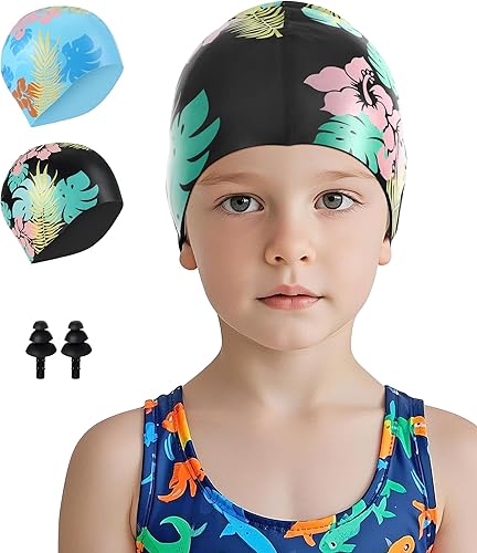 Miniatura 8 de Aegend Paquete de 2 gorras de natación para niños de 4 a 12 años, gorra de natación de silicona duradera para niños y niñas, ajuste cómodo para