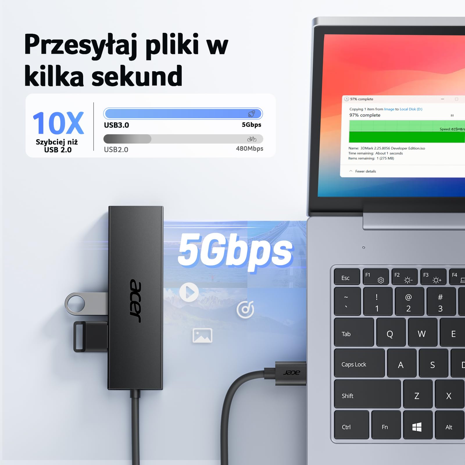 acer USB 3.0 HUB z zasilaczem USB-C, Ultra Slim Multiport Hub 4 Porty do laptopa, komputera, klawiatury, myszy, dysku twardego, MacBook Pro/Air, iMac, Surface Pro, macOS, Windows, Linux itp. - 60cm