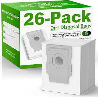 26 Pack Roomba Vacuum Bags for iRobot Roomba 415X 104 105 405 504 505 705 | for i7+, i8+, i3+, i4+, i5+, i6+, j5+, j6+, j7+, j8+, j9+, s9+, Combo 10 Max, Dirt Disposal Bags for all Clean Base models