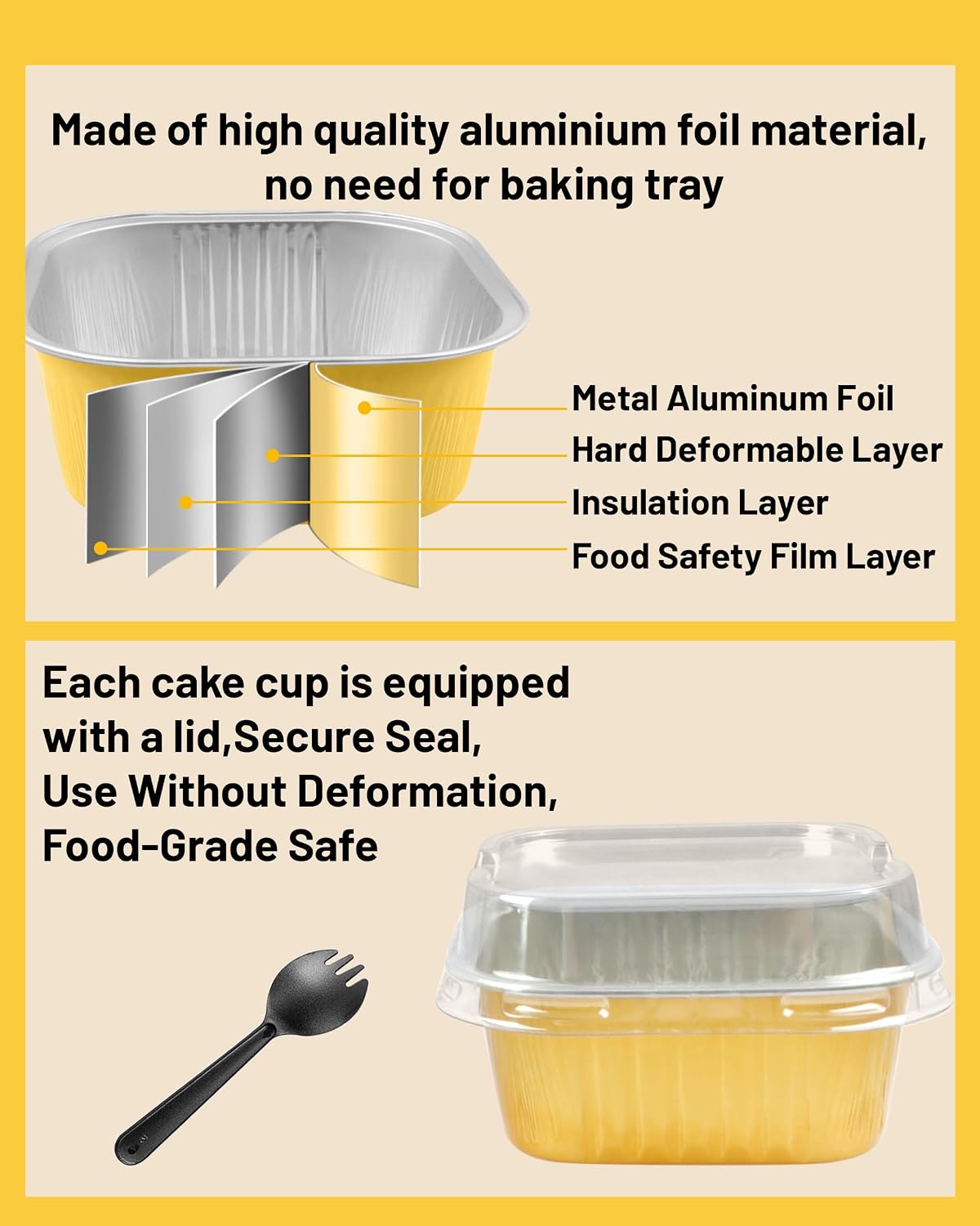 50 Pack 10oz Square Mini Cake Pans with Lids and Spoons,Aluminum Foil Baking Cups,Disposable Mini Loaf Pans Ramekins for Brownie, Cheesecake, Mousse & Wedding Party Favors-Gold