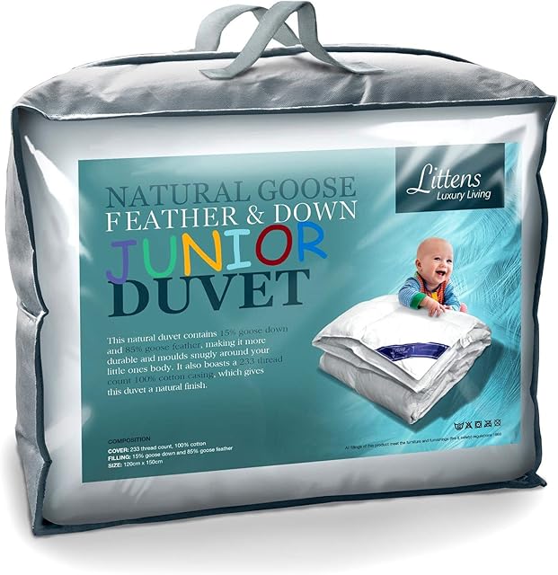 10.5 Tog Junior Cot Bed Size Goose Feather & Down Duvet Quilt, 230TC 100% Cotton, Down Proof, Kids, Toddler (120cm x 150cm) By Littens