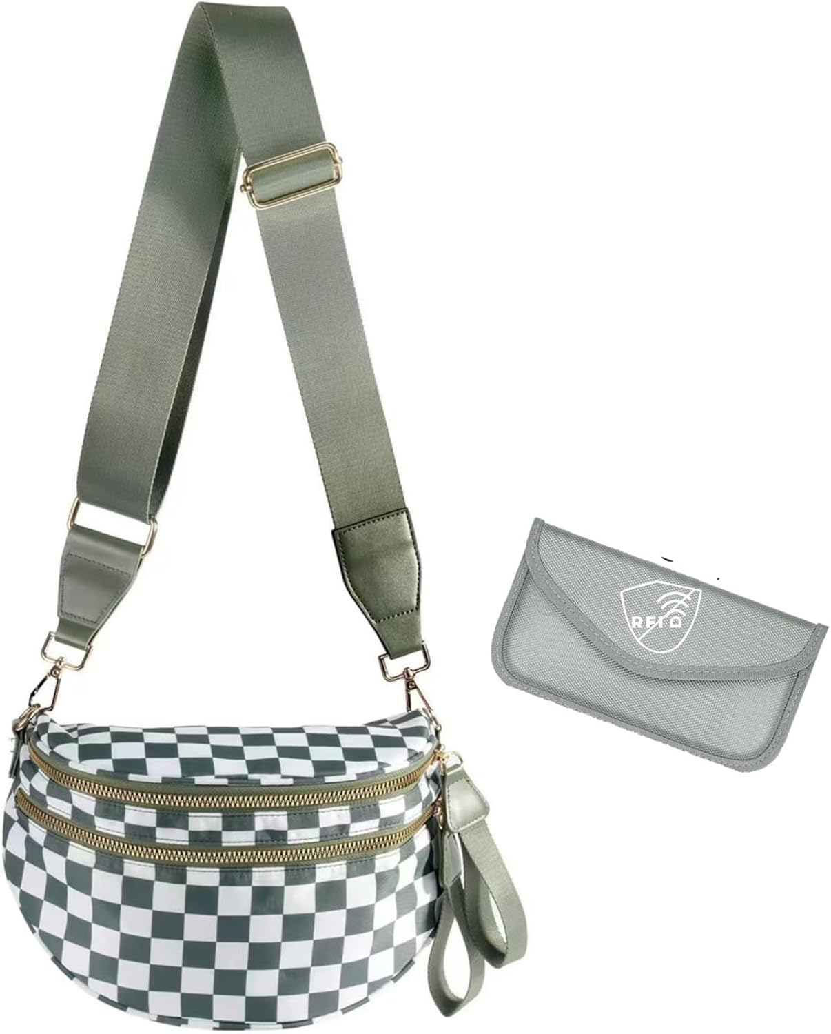 HPvyboshut Checkered Bum Bag/Spacious Nylon Crossbody Bags for Women/with Signal Blocking RFID Wallet Women/2-in-1 Protect Crossbody Purse(Green Checkered) | RFID Blocking Safe, Lightweight-Spacious, Durable-Sturdy, Multi Pockets, Waterproof, Anti-fouling