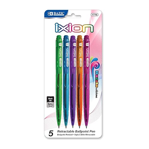 BAZIC Products Ballpoint Pen Ixion Black Ink Color Barrels Retractable Pens, 1.0 mm Bold Point Smooth Writing, for Office School Teacher (5/Pack), 1-Pack