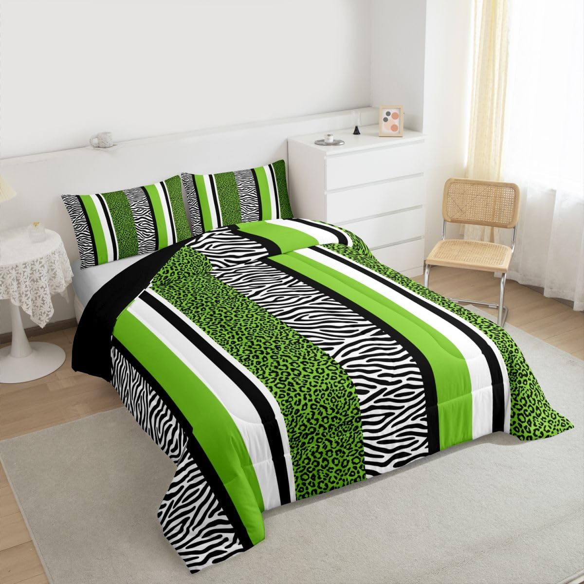Erosebridal Green Cheetah Print Queen Comforter Set for Boys Teen Men,Wild Animal Leopard Bedding Set Black White Safari Zebra Bed Comforter Sets Wildlife Quilt Duvet Set 2 Pillow Cases Bedroom Decor