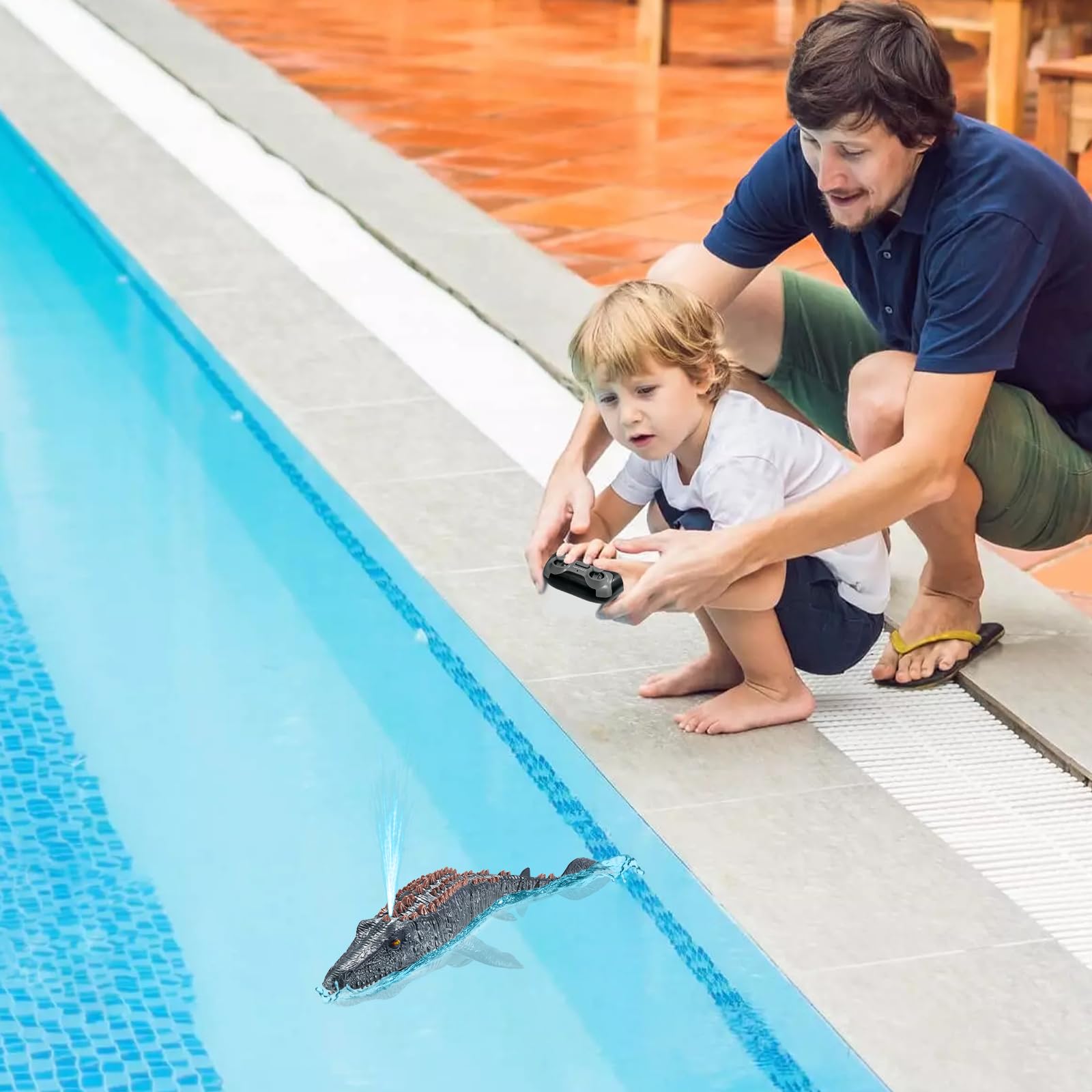Juguetes Mosasaurus con Control Remoto para niños, Barcos Teledirigido, Barco de Dinosaurio Eléctrico RC con Agua pulverizada y luz para Piscina, Lago, baño, Juguetes de baño (Gris)