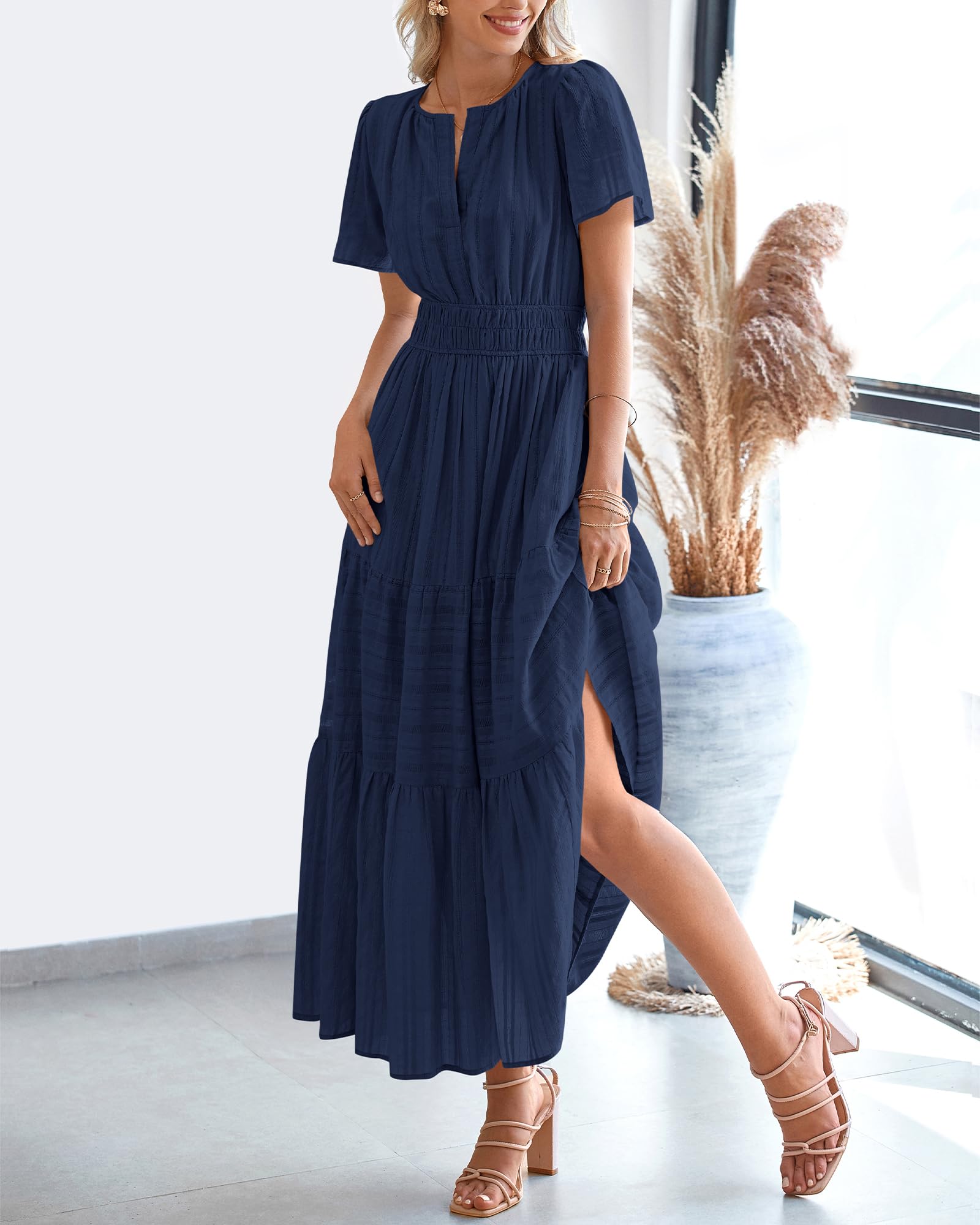 BTFBM Womens Summer 2025 Casual Midi Maxi Dresses Lightweight Short Sleeve V Neck Elastic Waist Boho Beach Dress Pockets - Image 8