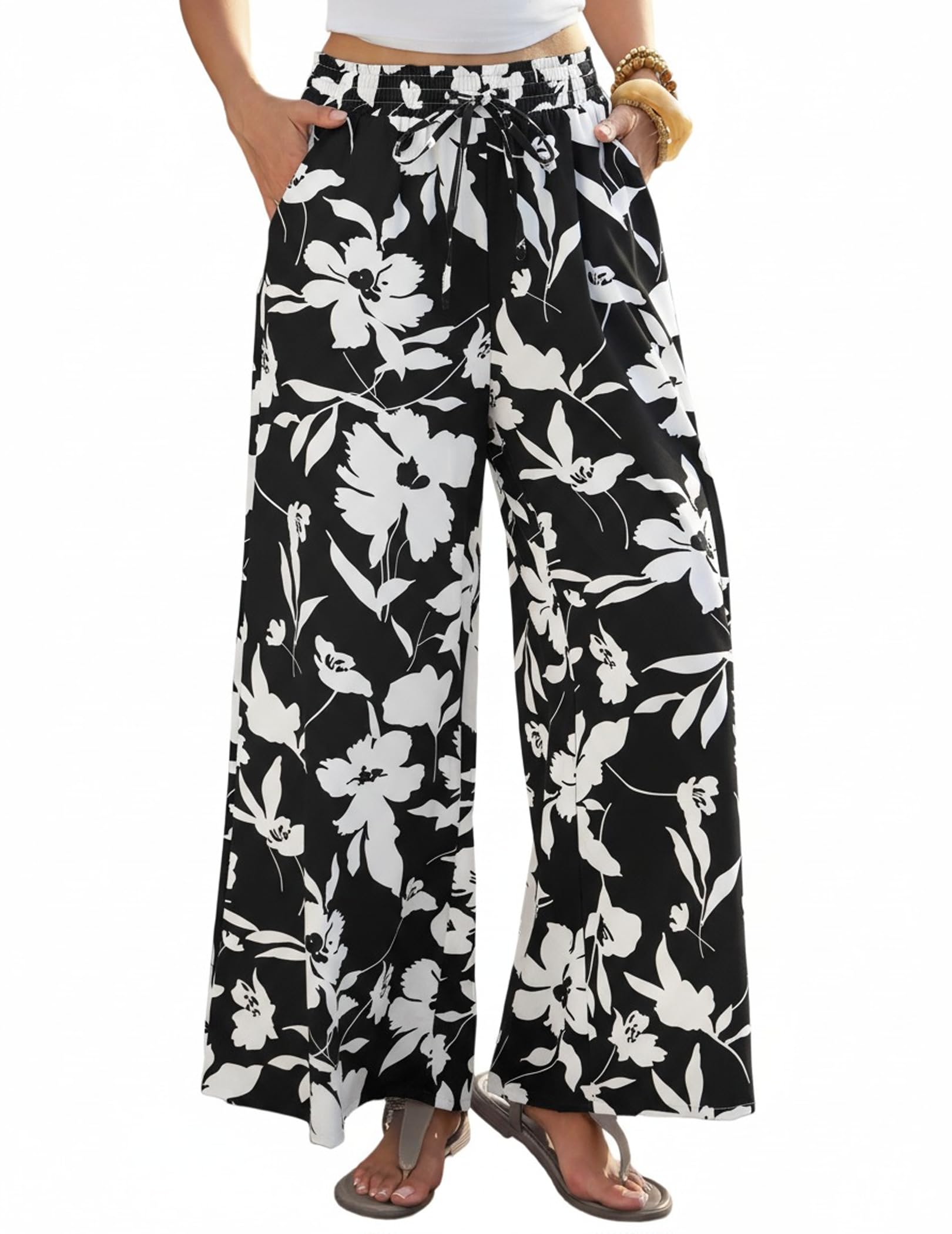 Womens Palazzo Pants Boho Floral High Waisted Pants Flowy Wide Leg Trousers with Pockets Women Casual Lounge