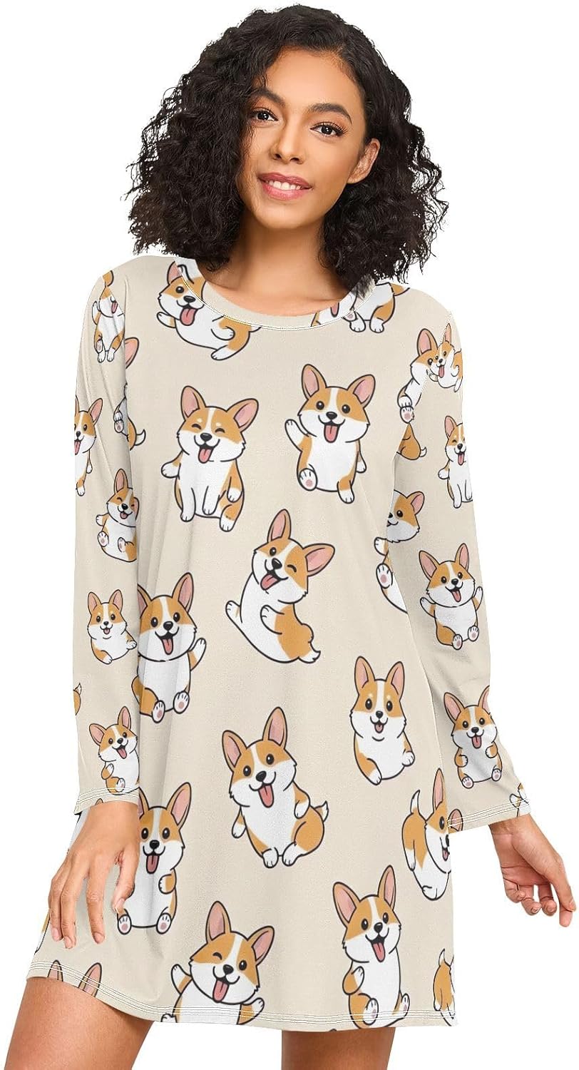 Corgi Dogs Playful Beige Womens Sleep Shirts, Long Sleeve Womens Nightgowns, Loose Pajama Dress for Fall Winter