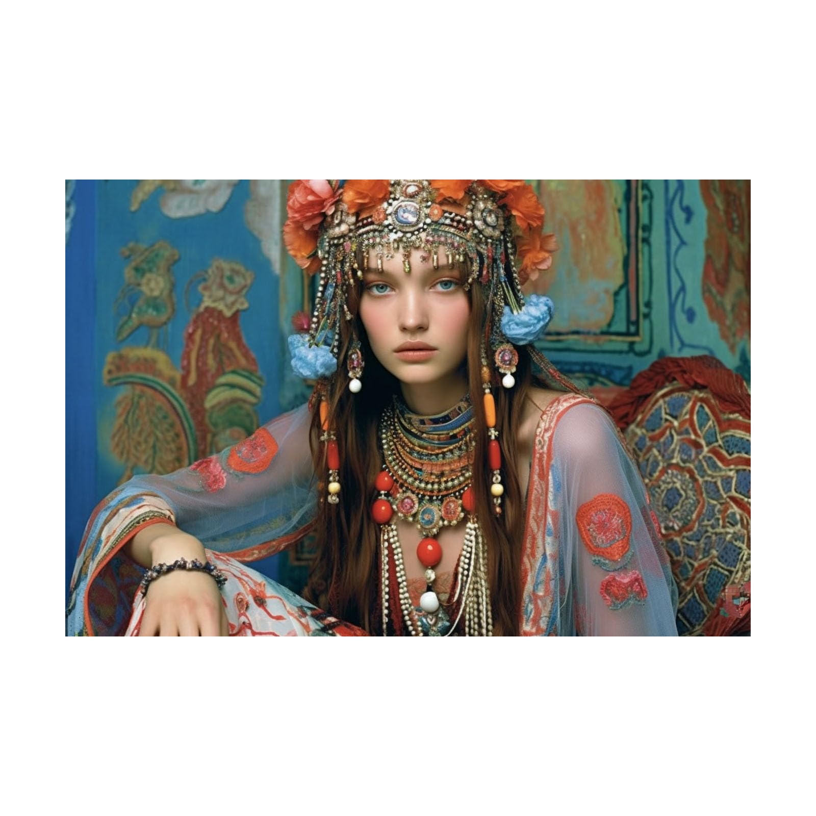 TERUEA Canvas Wall Art for Women Bohemian Woman With Floral Headdress And Layered Jewelry Retro Painting Bathroom Wall Decor,(Multi)-70x100cm Unframed