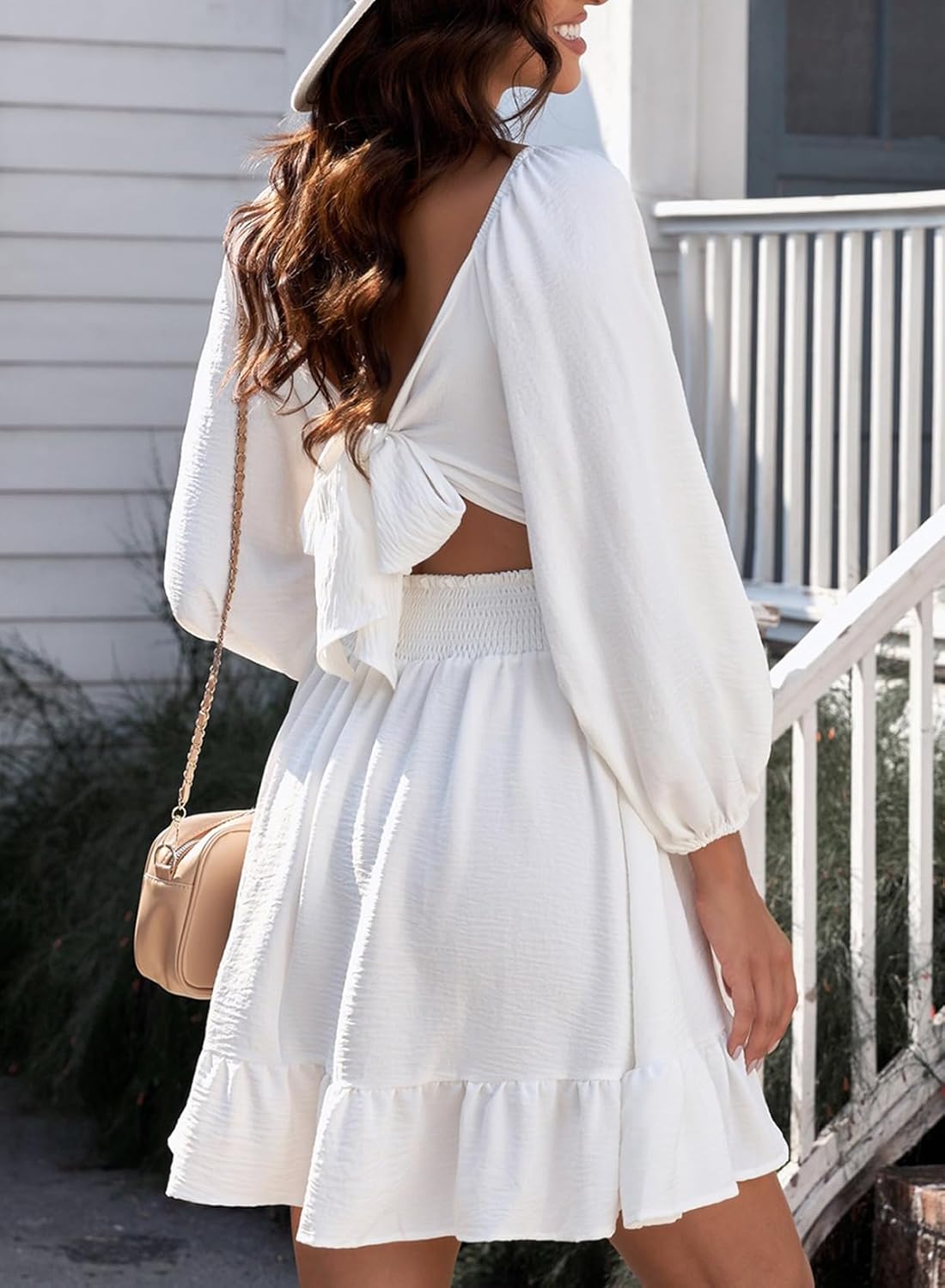 Dokotoo Womens Dress Long Lantern Sleeve Square Neck Tie Backless Sexy Dress Ruffle Elastic Waist A-Line Mini Dress - Image 2