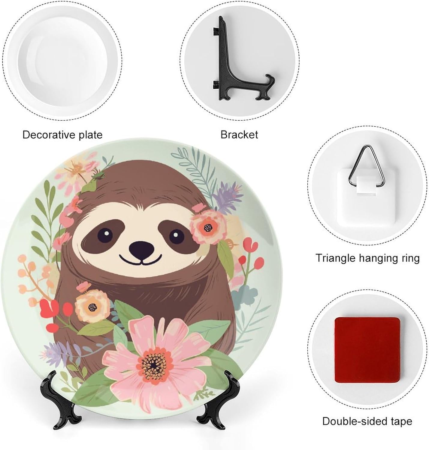 Sloth And Flowers Decorative Plates for Display Custom Decorative Ceramic Plate With Stand Personalized Hanging Art Wall Decor for Living Room Hallway Table Shelf Decor
