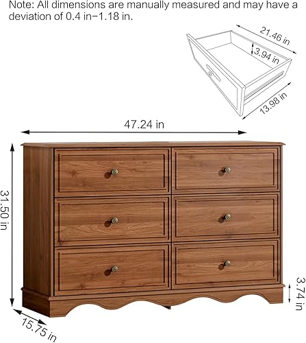 Miniatura 50 de Cómoda de 6 cajones, cómoda de mediados de siglo de 47 pulgadas de ancho, cómoda de madera para dormitorio con 6 cajones de almacenamiento para