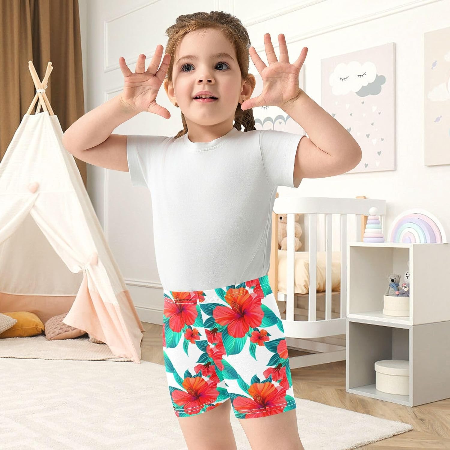 Hibiscus Leaf Floral White Girls Bike Shorts Toddler Soft Cotton Under Dress Dance Shorts