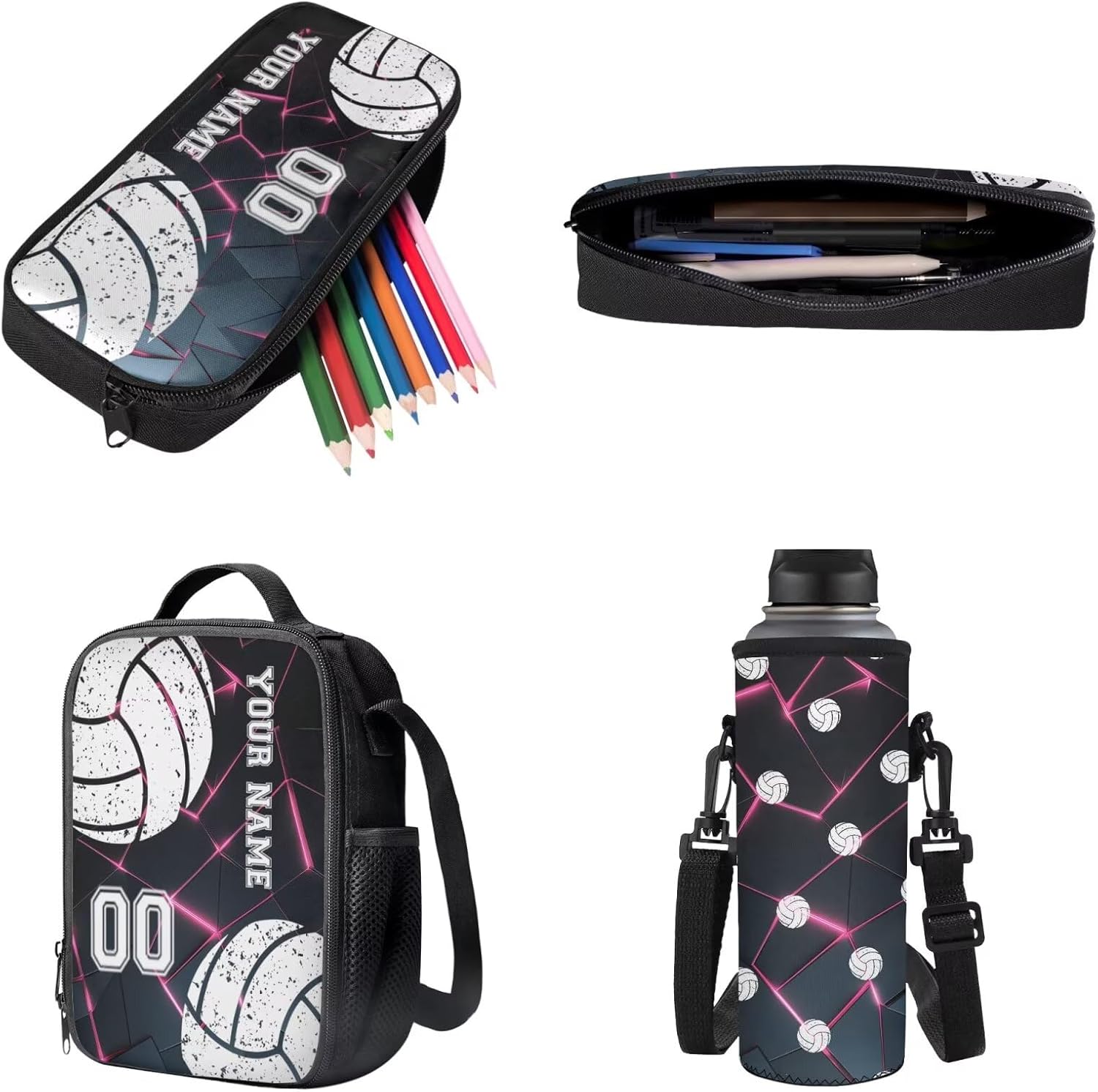 Suobstales Custom Volleyball Print 4 in 1 Backpack Set Bagpack and Lunch Bag Pencil Case Water Bottle Sleeve for Boys Girls Purple Geometric Gradient Large Capacity Schoolbag Bookbag Casual Daypack