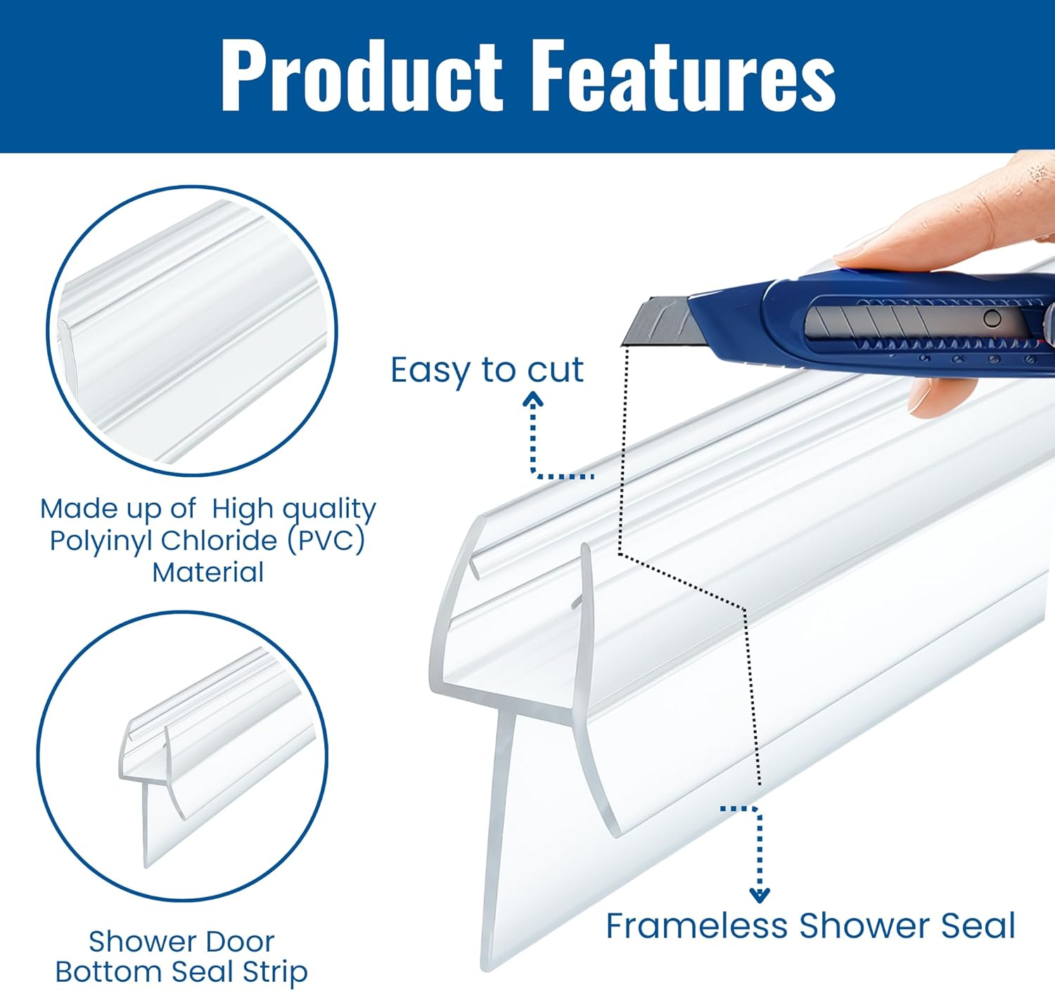 KC Hardware 48 Inch Frameless Shower Door Bottom Seal Strip for 1/4 inch (6-8mm) Glass Thickness- Stops Water Leakage & Leaks- Ultra Clear
