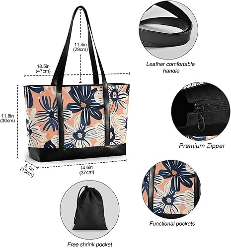 Miniatura 4 de KLL Peach and Navy Blue Flowers essentials computer cases for laptops with zipper carry on tote bag Large Handbag for Pool Gym Grocery Travel with