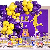 Vista 5 de GREMAG Globos morados y amarillos, kit de 113 piezas de guirnalda de globos morados y amarillos, con dos globos de papel de aluminio de estrella