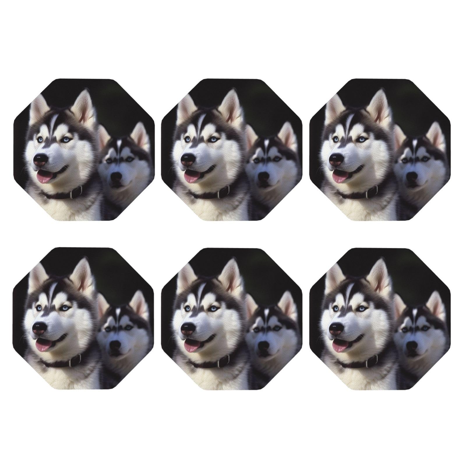 6pcs Leather Coasters for Drinks, Husky Dog Drink Coasters for Tabletop Protection, 4" Cup Coasters for Coffee Table Decor, Non-Slip Drinking Cup Mat for Hot Or Cold Drink