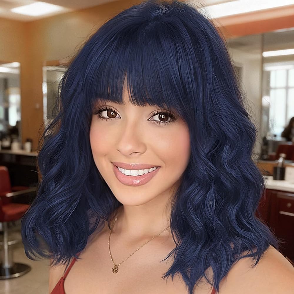 Nnzes Wig with Bangs for Women Short Bob Wavy Charming Synthetic Dark Blue Wigs with Natural Shoulder Length Curly Heat Resistant Hair for Daily Party Use