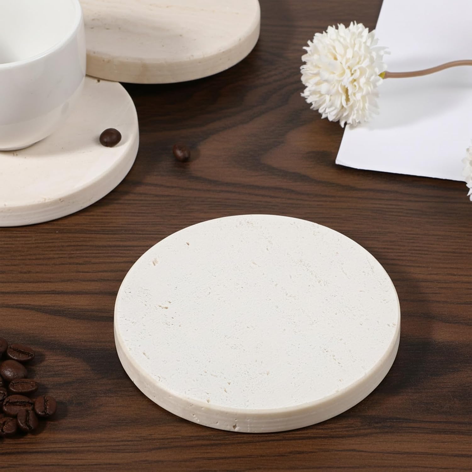 4 Pcs 4 inches Beige Travertine Coasters with Holder, Marble Absorbent Coasters Non-Slip Round Stone Drink Coaster Protect Your countertop from Stains