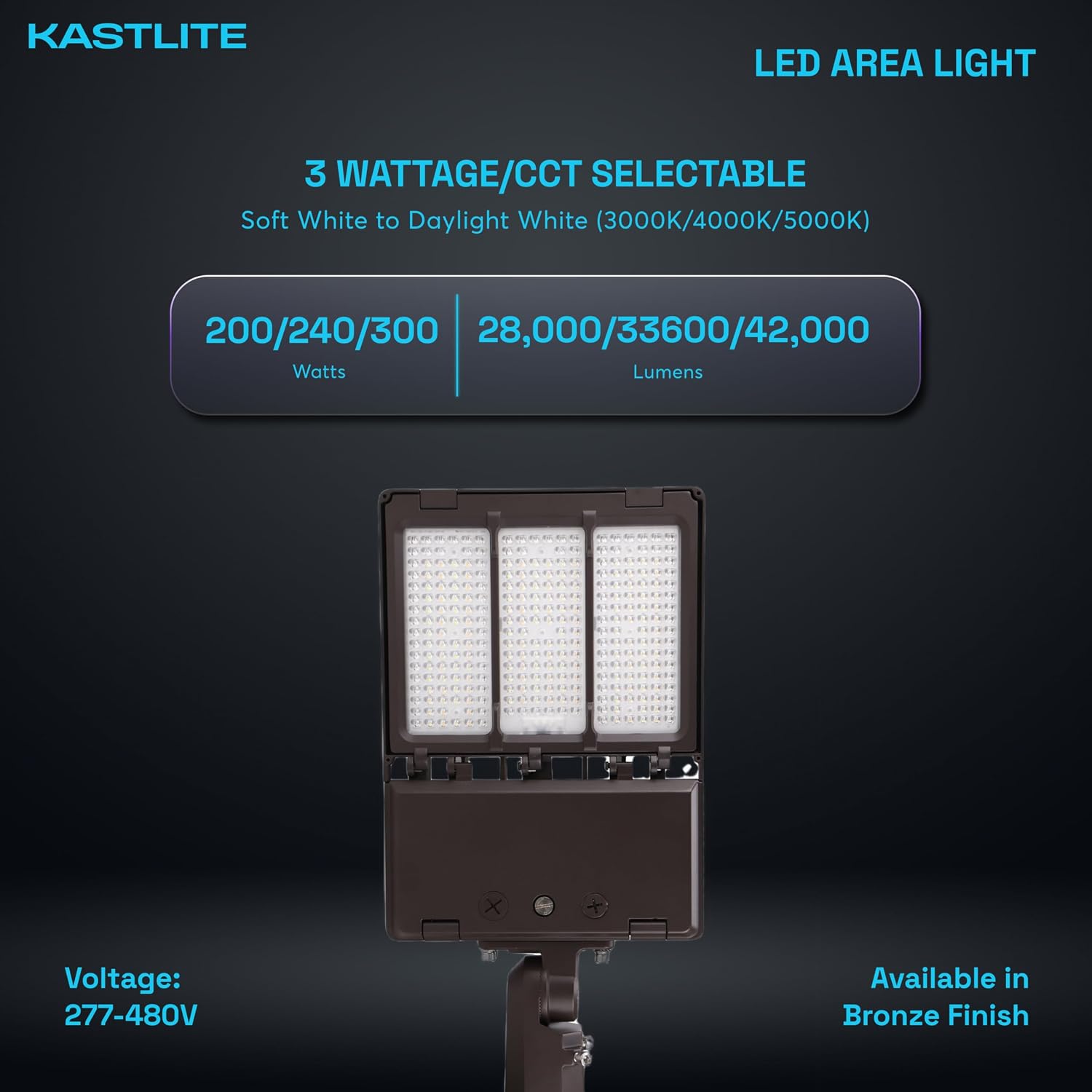 KASTLITE 3-Way Dimmable Dusk to Dawn LED Outdoor Area Light | 28,000-42,000 Lumens, 200W-300W, 277V-480VAC, Color Selectable (30K/40K/50K) Street Driveway Commercial Parking Lot Lighting - Bronze