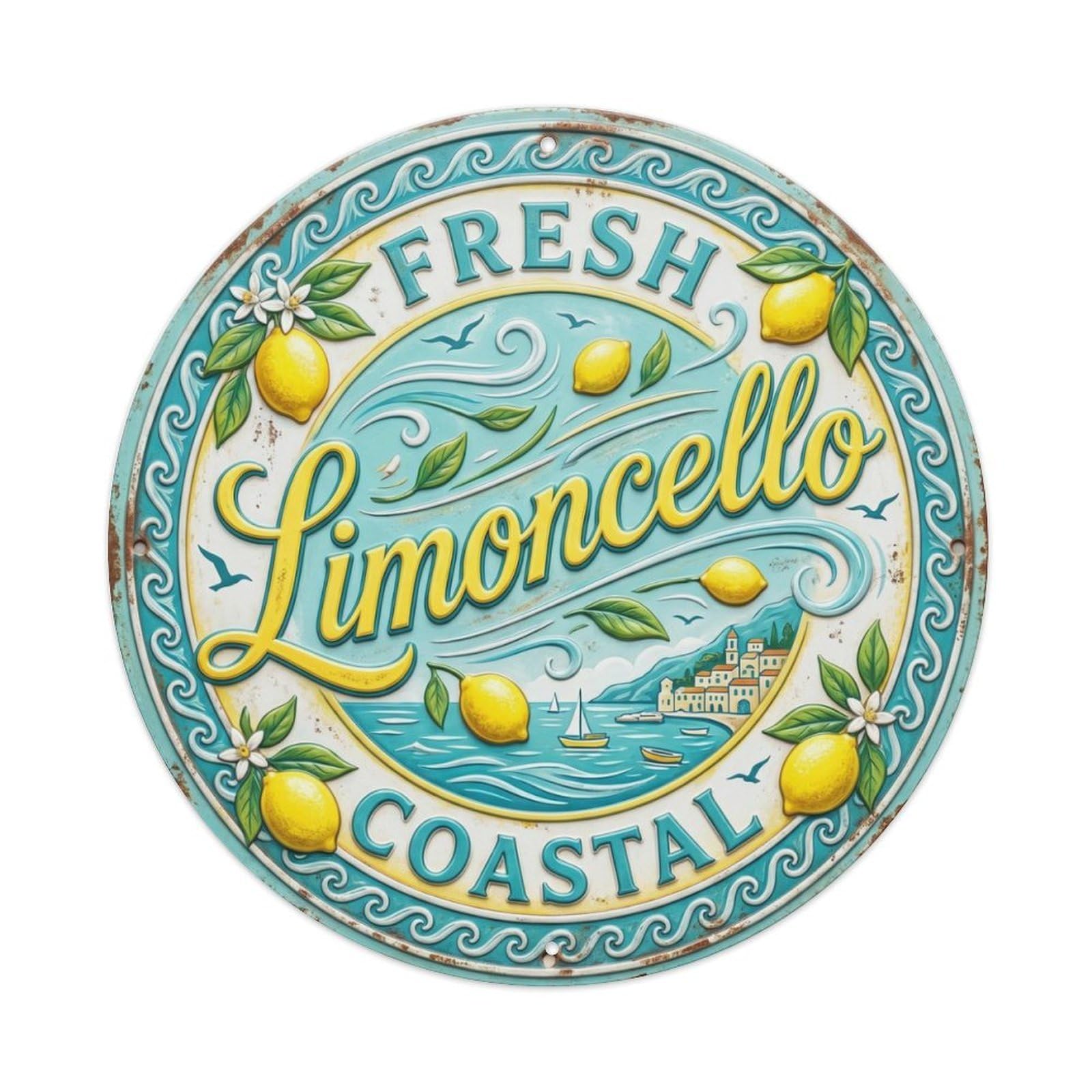 Fresh Coastal Limoncello Emblem Metal Tin Sign Plaque Wall Decor for Cafe, Club Bar, Office, Home Garden Round Metal Poster 8x8Inch
