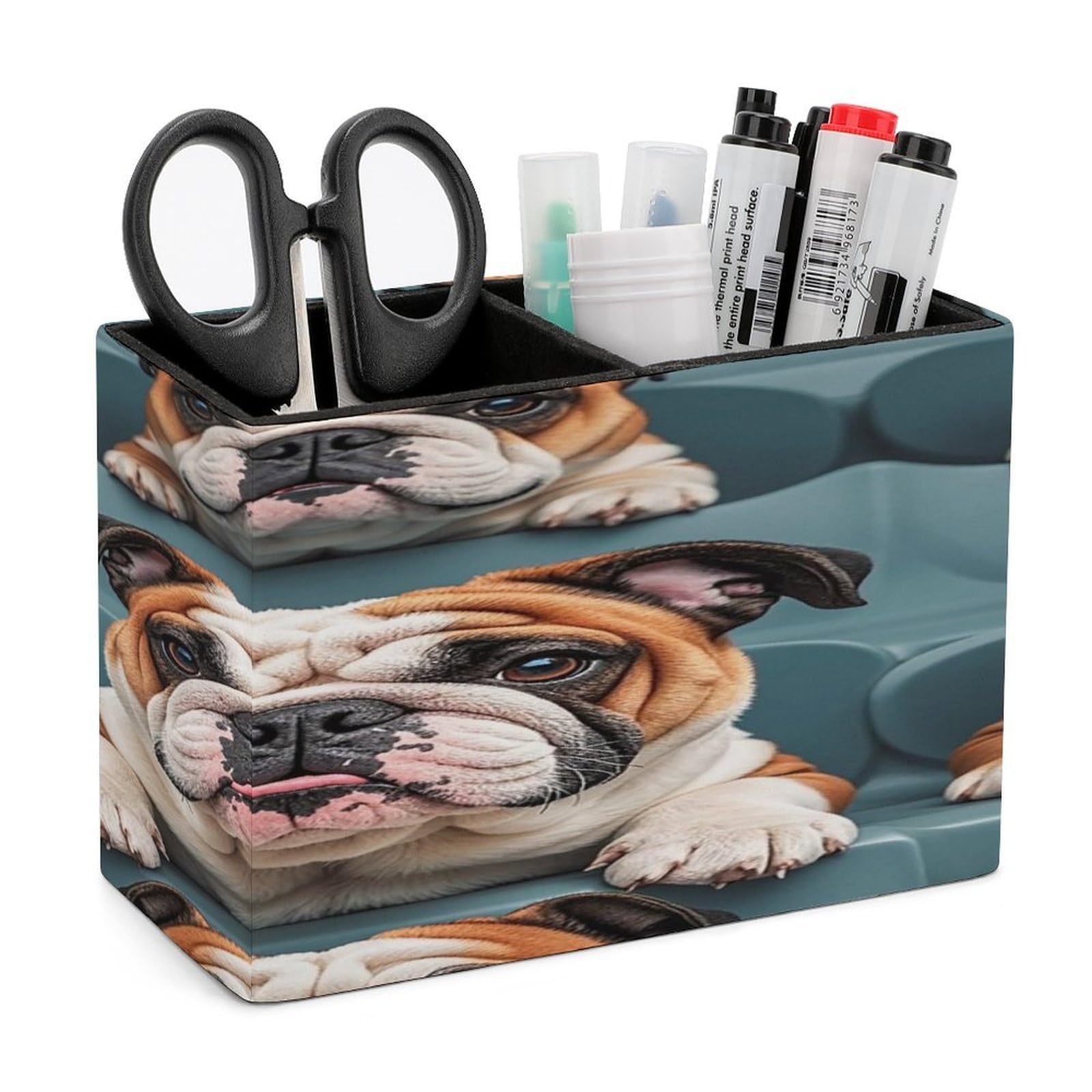 LZQPOEAS Funny English Bulldog Leather Pen Holder with 2 Compartments Luxury Pencil Holder Minimalist Pencil Cup Brush Scissor Holders Elegant Pen Cup for Office Home Desk Accessories