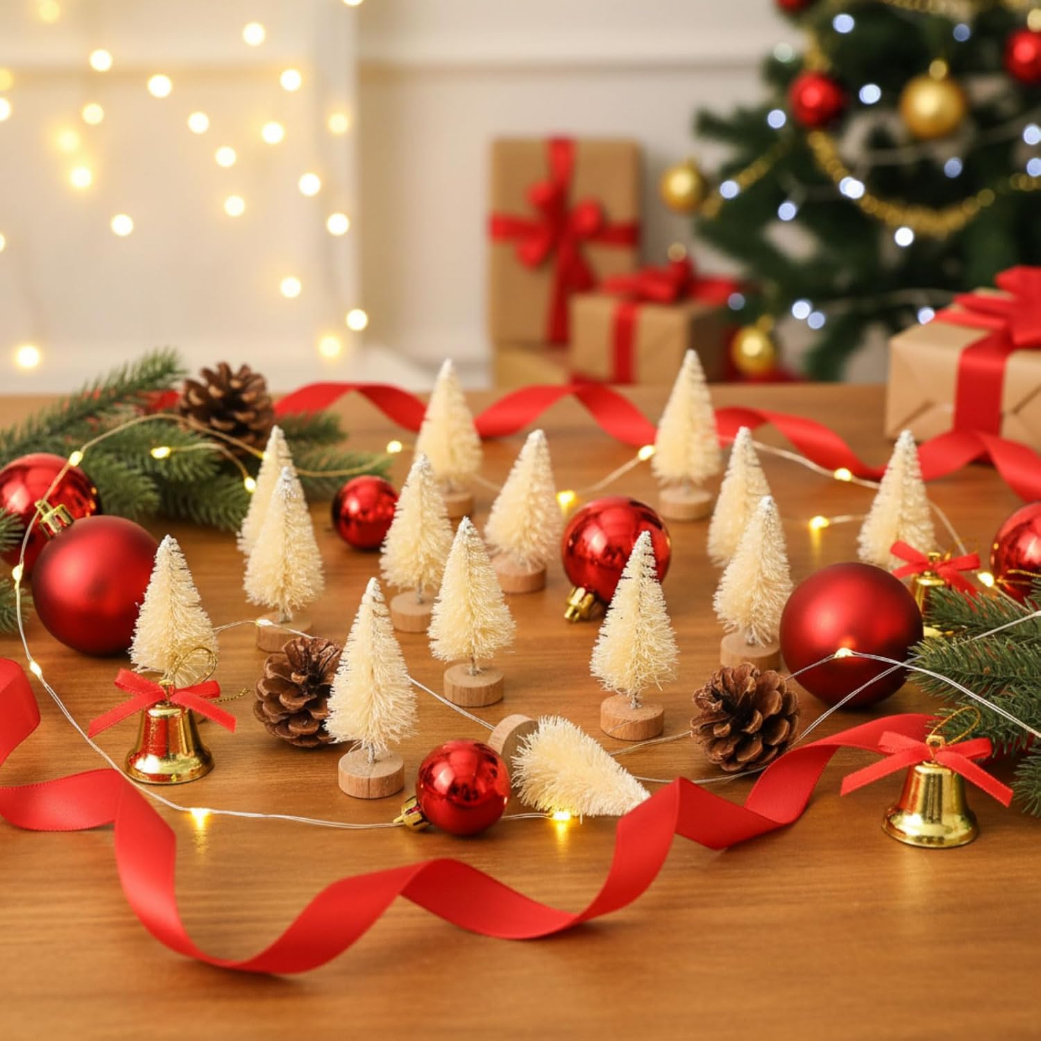 Sumind 96 Pieces Mini Bottle Brush Trees Small Artificial Christmas Trees with Wood Base Mini Sisal Tree for Xmas Party Table Craft Decor (Beige) - Image 3