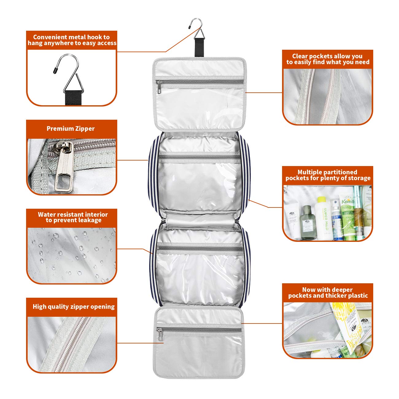 Kulturbeutel, zum Aufhängen, große Kapazität, wasserdichte Kosmetiktasche, Make-up-Organizer mit 4 Fächern und stabilem Haken für Damen und Herren Marineblau und Weiß gestreift Large