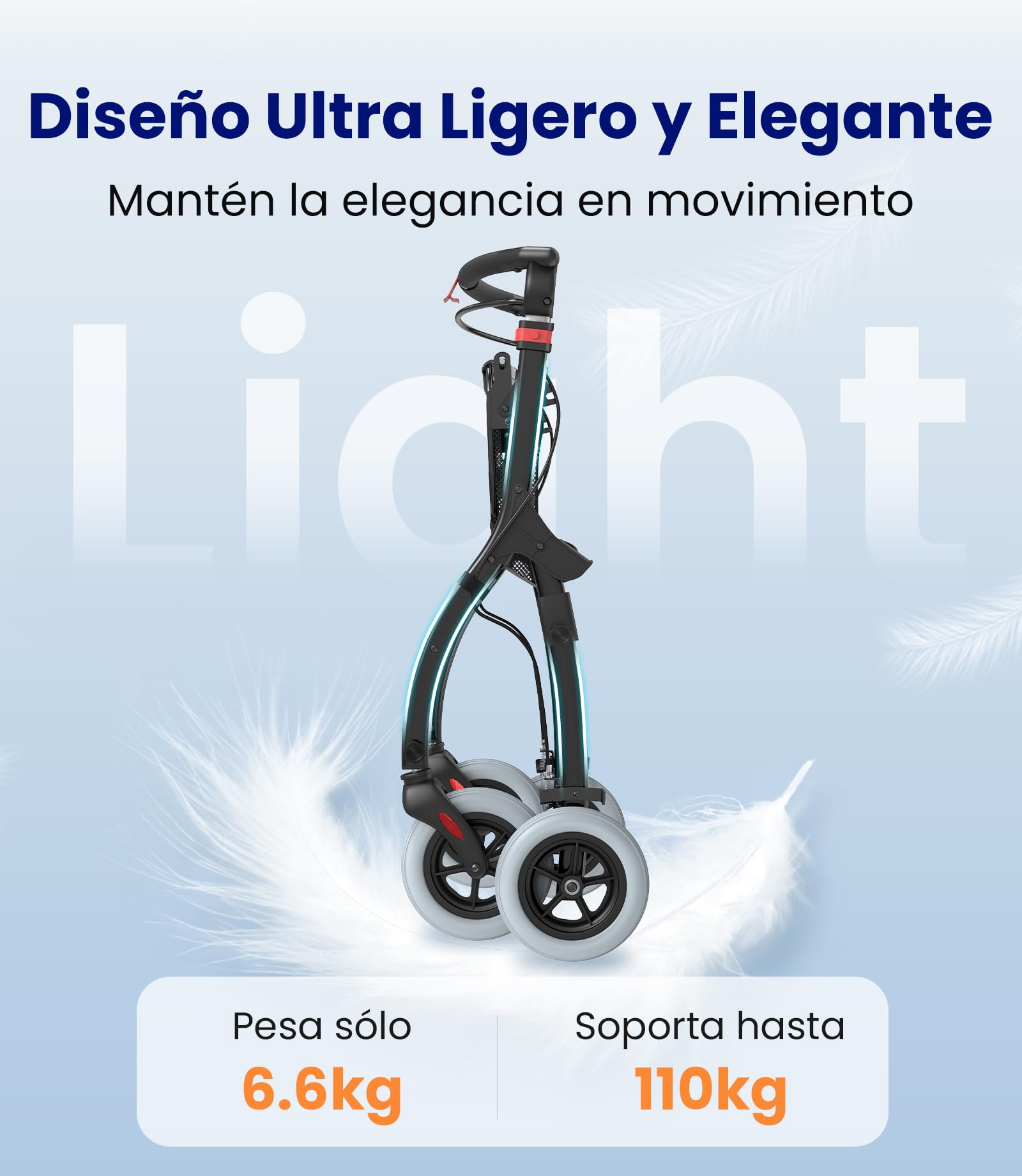 VOCIC Andador estrecho para apartamentos, plegable y ligero, estable con carril, neumáticos antideslizantes silenciosos, para personas mayores, plegables, con bandeja, color negro