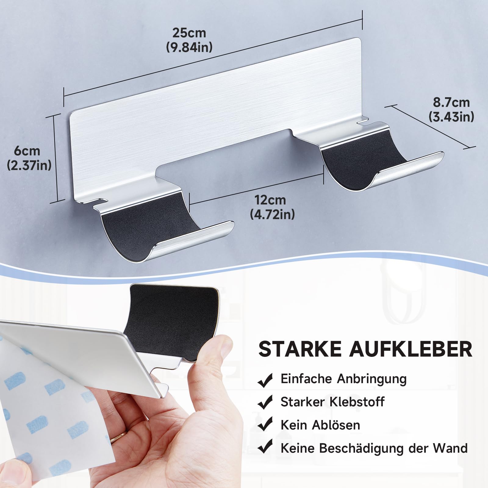 Soporte para Secador y Plancha de Pelo de Pared, Sin Taladrar, para Rizadores y Alisadores, Plata