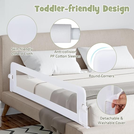 Bed Rail for Toddlers, Foldable Safety Baby Bed Guardrail with Safety Strap, Protable Swing Down Children Bedrail Guard for Twin Single Double Full Size King & Queen Bed Mattress (White)